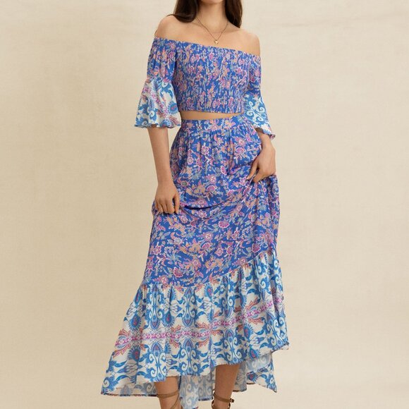 Smocked Off-Shoulder Printed Top and Skirt Set - Picture 2 of 10
